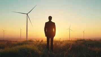 young businessman against the backdrop of wind turbines at sunset photo