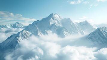 Majestic snowy mountain peak above the clouds photo