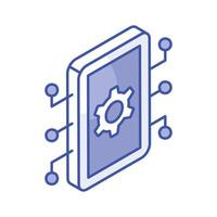 Cogwheel inside mobile with network nodes, concept isometric icon of ai mobile vector