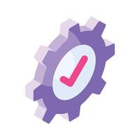 Tick inside cogwheel, concept isometric icon of verified settings vector