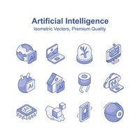 artificial inteligencia isométrica íconos colocar, Listo a utilizar prima calidad s vector