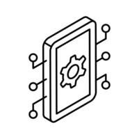 Cogwheel inside mobile with network nodes, concept isometric icon of ai mobile vector