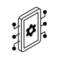 Cogwheel inside mobile with network nodes, concept isometric icon of ai mobile vector