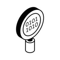 Binary code under magnifier, icon of binary search, code exploration vector