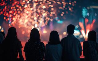 Silhouetted crowd taking in a fireworks presentation photo