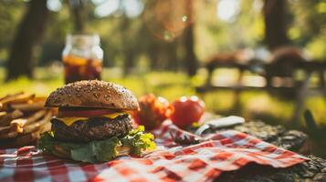 Side view of a delicious burger against a picnic setting photo