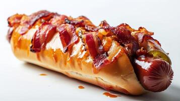 bacon wrapped jalapeno hot dog against a white background photo