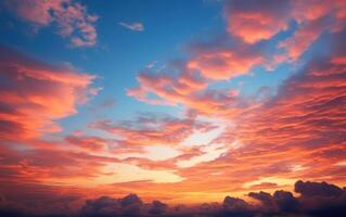 Majestic sky panorama showcasing both sunset and sunrise against a backdrop of clouds photo
