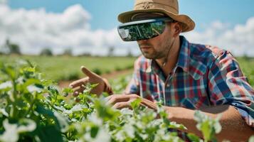 Shot of augmented reality AR glasses empowering farmers with real time data overlays on the field photo