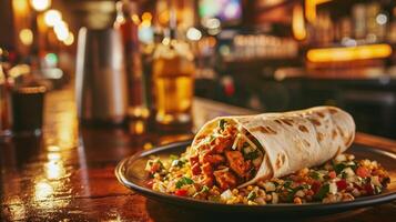 Spicy Buffalo Chicken Burrito against a blurry restaurant background photo