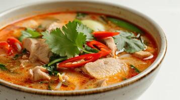 close up of a Tom Yum with Pork against a white backdrop photo