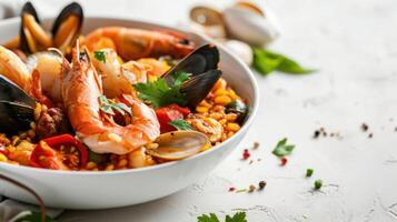 Side view of a Seafood and Chorizo Paella against a white backdrop photo