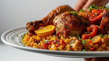 Side view of a Chicken and Rabbit Paella against a spotless white backdrop photo