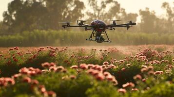 Shot of drone based pollination flying above flower photo