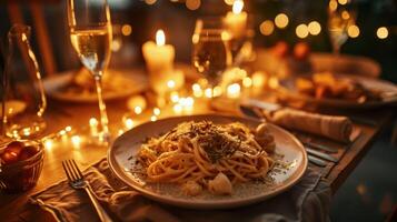 espaguetis Alfredo en contra un acogedor alumbrado por velas cena mesa foto