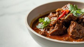 close up shot of a bowl of Beef Rendang against a spotless white backdrop photo