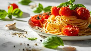 Side view of a Spaghetti Pomodoro against a spotless white backdrop photo