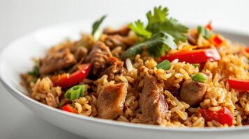 close up shot of Pork Fried Rice against a spotless white backdrop photo