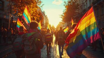 espalda ver de personas con lgbt participación banderas desfile en el calle, foto