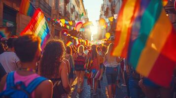 Back view of people with LGBT and flags parade on the street, festive happy day, photo