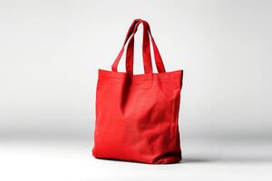 eco simpático rojo lona totalizador bolso en blanco antecedentes. diseño modelo para Bosquejo , foto