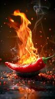 Red and hot chili pepper in flames on black background , photo