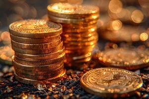 Multiple stacks of shiny gold coins on a surface with a warm background , photo