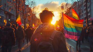 Back view of people with LGBT holding flags parade on the street, photo