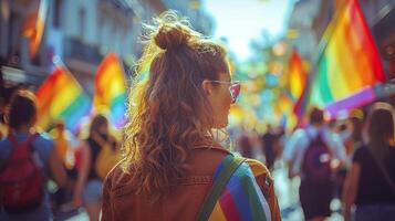Back view of people with LGBT and flags parade on the street, festive happy day, photo
