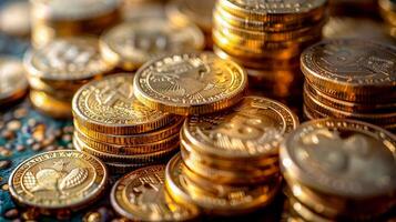 Multiple stacks of shiny gold coins on a surface with a warm background , photo