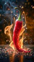 Red and hot chili pepper in flames on black background , photo