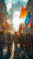 Back view of people with LGBT and flags parade on the street, festive happy day, photo