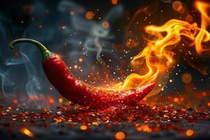 Red and hot chili pepper in flames on black background , photo