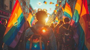 Back view of people with LGBT and flags parade on the street, festive happy day, photo