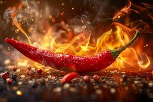 Red and hot chili pepper in flames on black background , photo