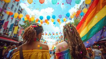 espalda ver de personas con lgbt y banderas desfile en el calle, festivo contento día, foto