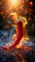 Red and hot chili pepper in flames on black background , photo