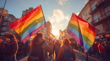 Back view of people with LGBT holding flags parade on the street, photo