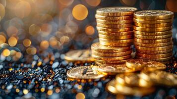 Multiple stacks of shiny gold coins on a surface with a warm background , photo