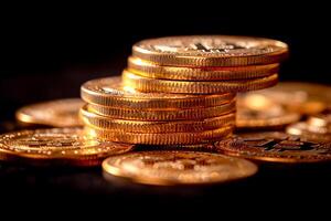 Gold coins on black background,realistic photography, photo