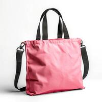 eco simpático rosado lona totalizador bolso en blanco antecedentes. diseño modelo para Bosquejo , foto