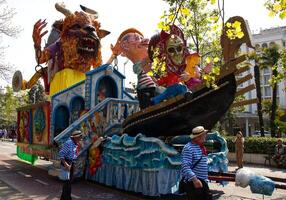 Abano Terme, Padova Italy April 7, 2024 Abano Street Carnival, live event featuring carnival parades, music, dance, and entertainment for all ages. Venice carnival float. photo