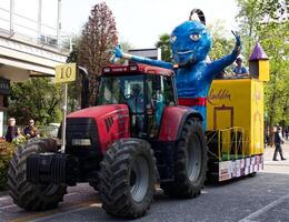 Abano Terme, Padova Italy April 7, 2024 Abano Street Carnival, live event featuring carnival parades, music, dance, and entertainment for all ages. Aladdin carnival float. photo