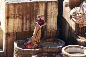 Fes Morocco Africa February 17, 2024 Leather dying in the traditional Chouara Tannery in Fes. Morocco photo