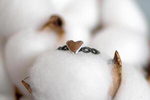 Elegant handmade silver ring on a background of cotton flowers. Jewelry accessories. photo