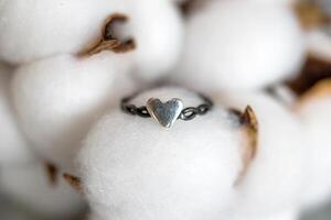 Elegant handmade silver ring on a background of cotton flowers. Jewelry accessories. photo