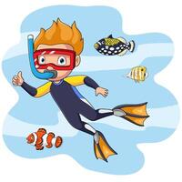 Cartoon little boy diving in underwater with tropical fish vector