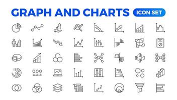 Growing bar graph icon set. Business graphs and charts icons. Statistics and analytics icon. Statistic and data, charts diagrams, money, down or up arrow. Outline icon collection. vector