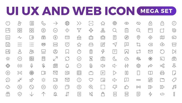 Mega set of ui ux icon set, user interface iconset collection. Basic User Interface Essential Set. 200 Line Outline Icons. For App, Web, Print.Outline icon collection.