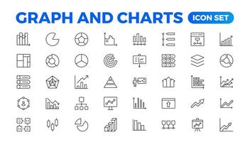 Growing bar graph icon set. Business graphs and charts icons. Statistics and analytics icon. Statistic and data, charts diagrams, money, down or up arrow. Outline icon collection. vector